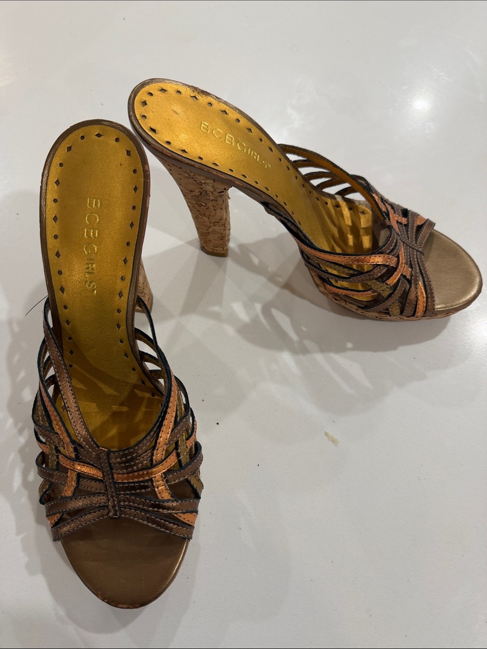 BCBGirls Metallic Bronze Multi-Strap Cork-Heel Sandals